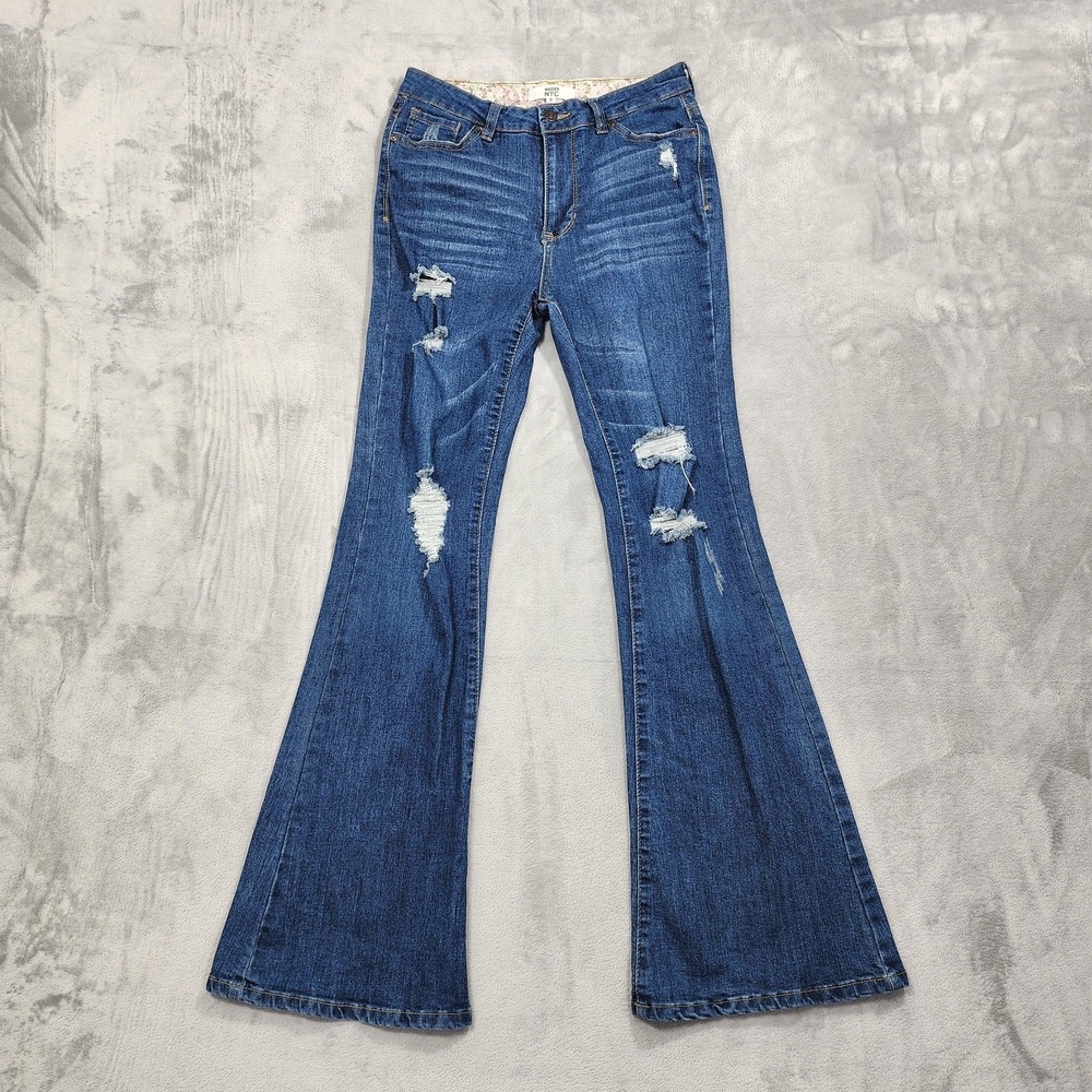 Madden NYC Jeans Womens 9 Juniors Blue Mid Rise Flare Distressed Stretch Denim